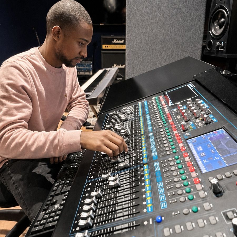 PASMA student operating a large-format digital mixing console during a Studio A practical