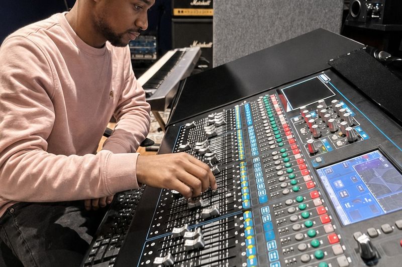 A PASMA student riding the faders on a large-format digital mixing console in Studio A